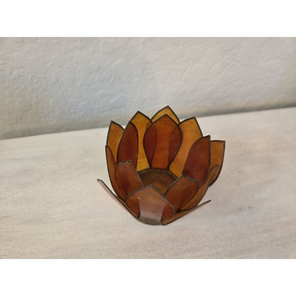 Vintage Capiz Shell Lotus Flower Burnt Orange with Brass Accent Candle Holder - Picture 9 of 12